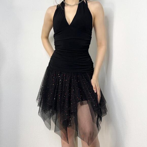 Y2K Black Handkerchief Hem Mini Dress Fairy Fairycore Whimsigoth Size Small - Picture 1 of 8
